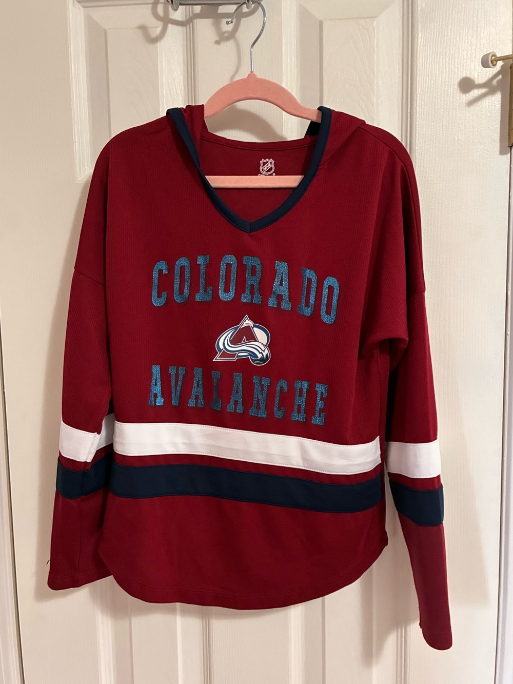 NHL Colorado Avalanche Hoodie with Glitter Blue Chest Lettering